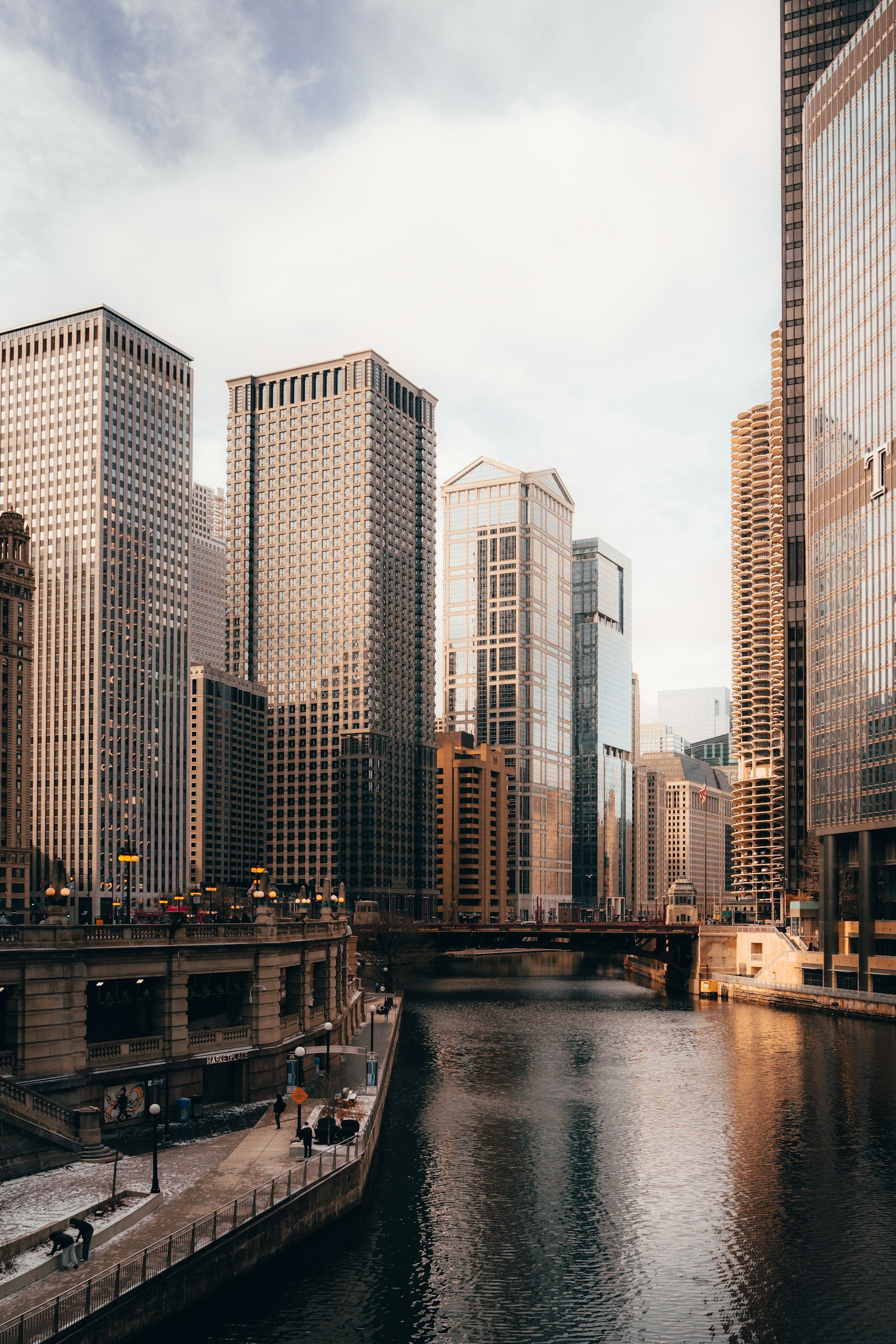 Chicago River lined with downtown office towers