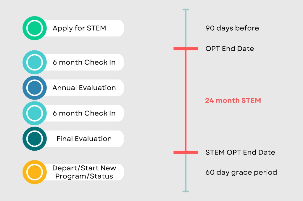 24-month STEM OPT extension timeline showing apply 90 days before OPT end date, six-month check-ins, annual and final evaluations, STEM OPT end date, and 60-day grace period
